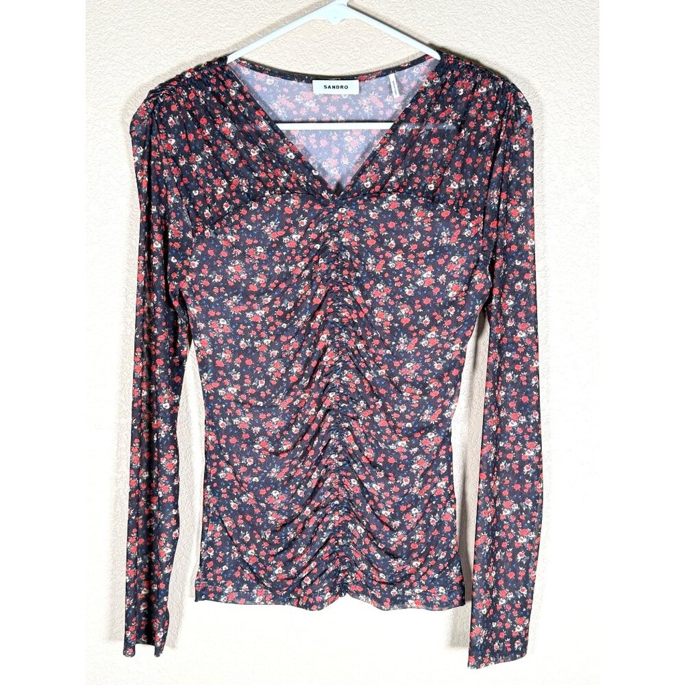 Sandro Bethanie Stretch Ruched Floral Sheer Long Sleeve Top View 5